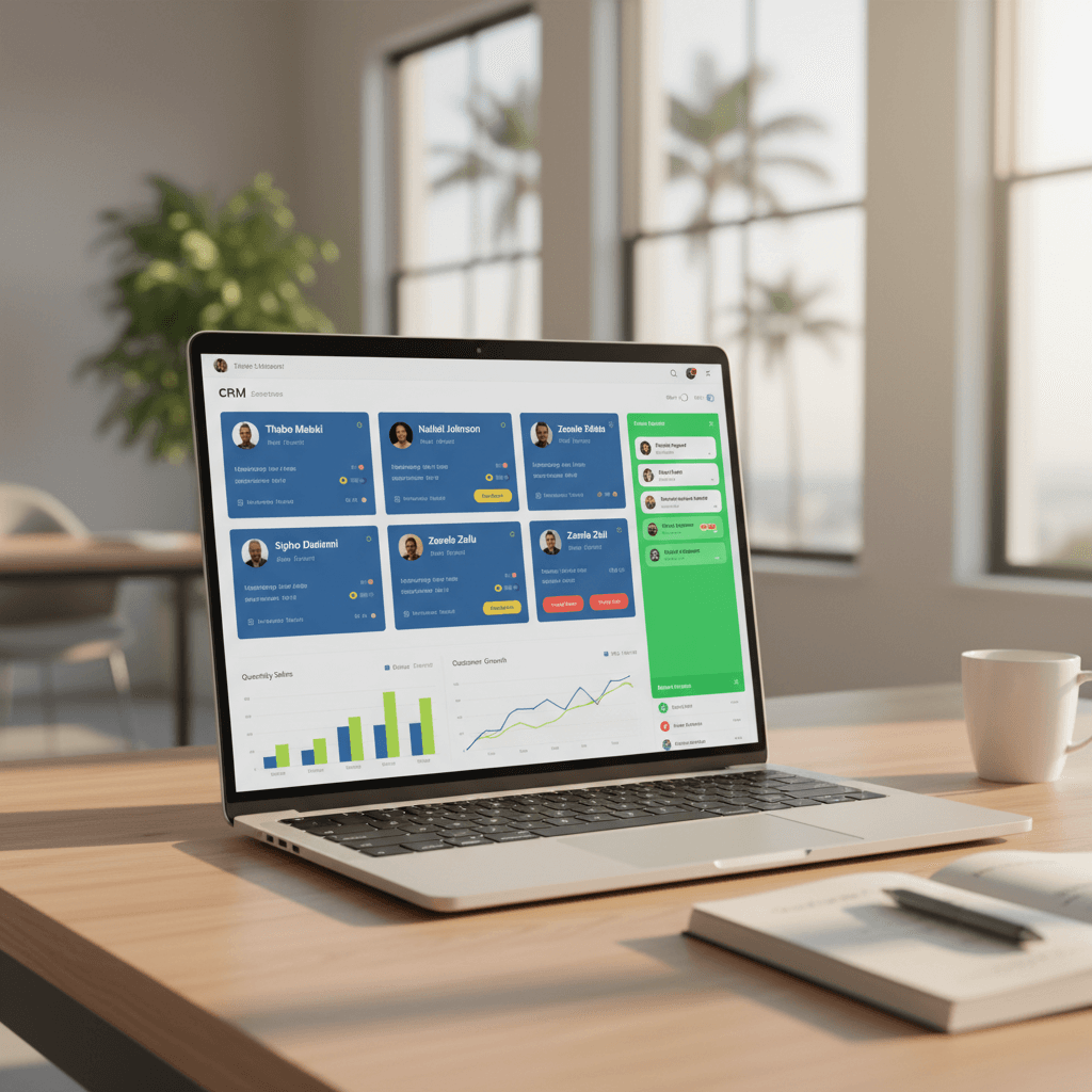 BizAI business management dashboard showing CRM, WhatsApp integration, and analytics on laptop screen