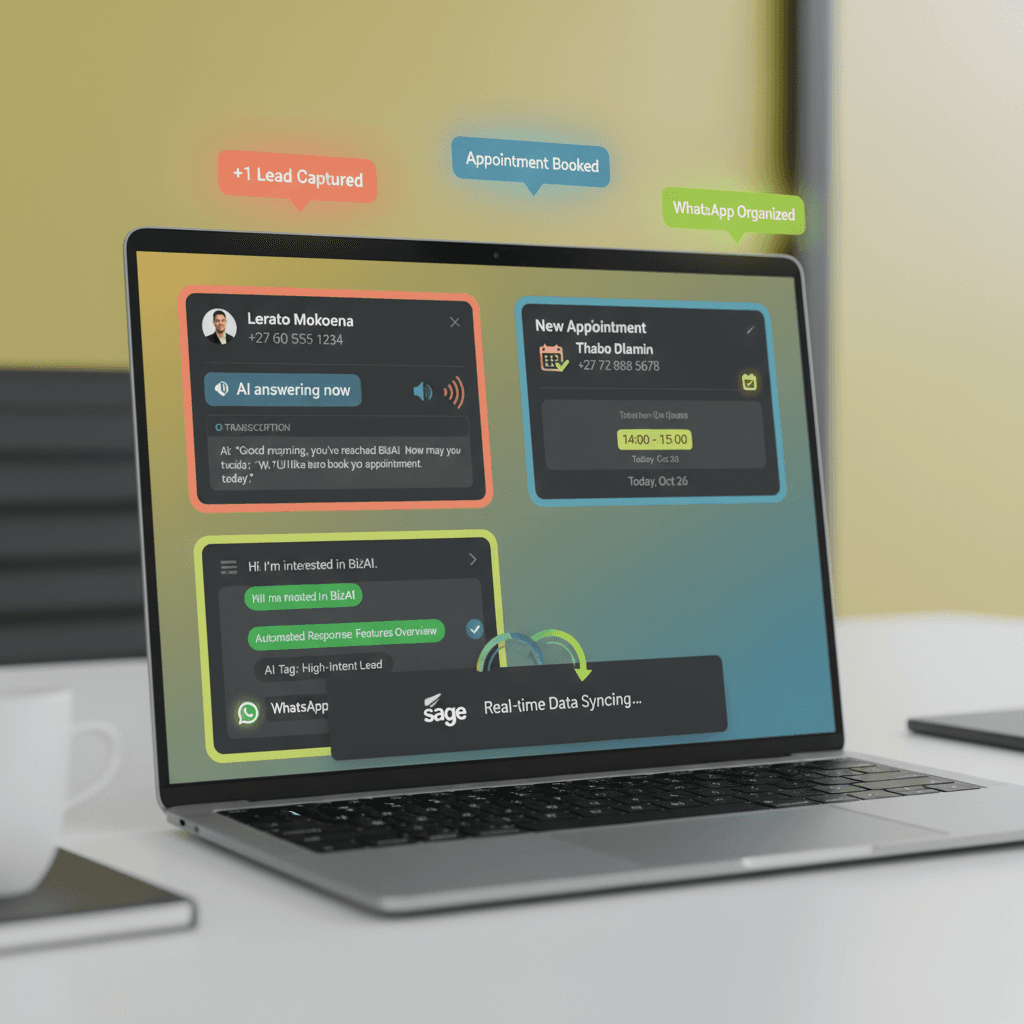 BizAI live dashboard showing AI handling calls, booking appointments, and organizing WhatsApp in real-time