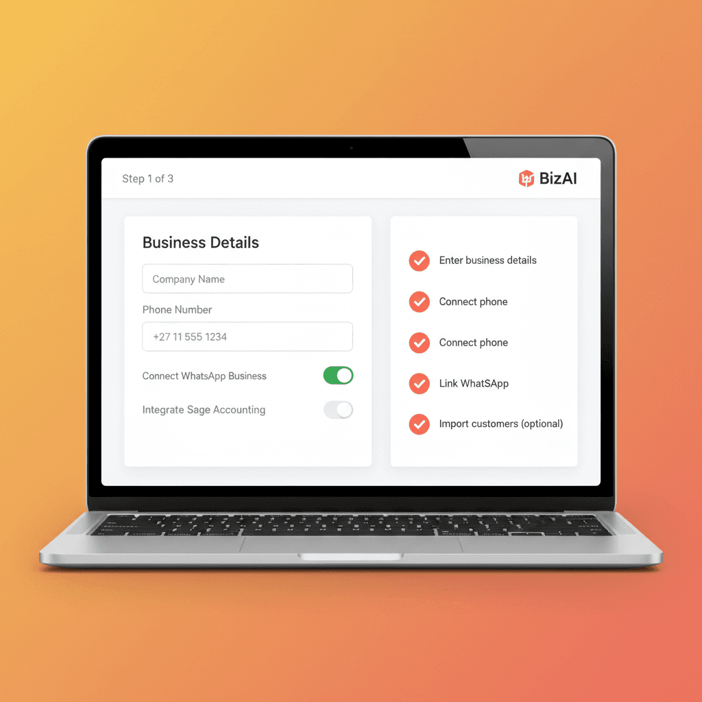 BizAI setup wizard showing easy onboarding process with business details form and connection options