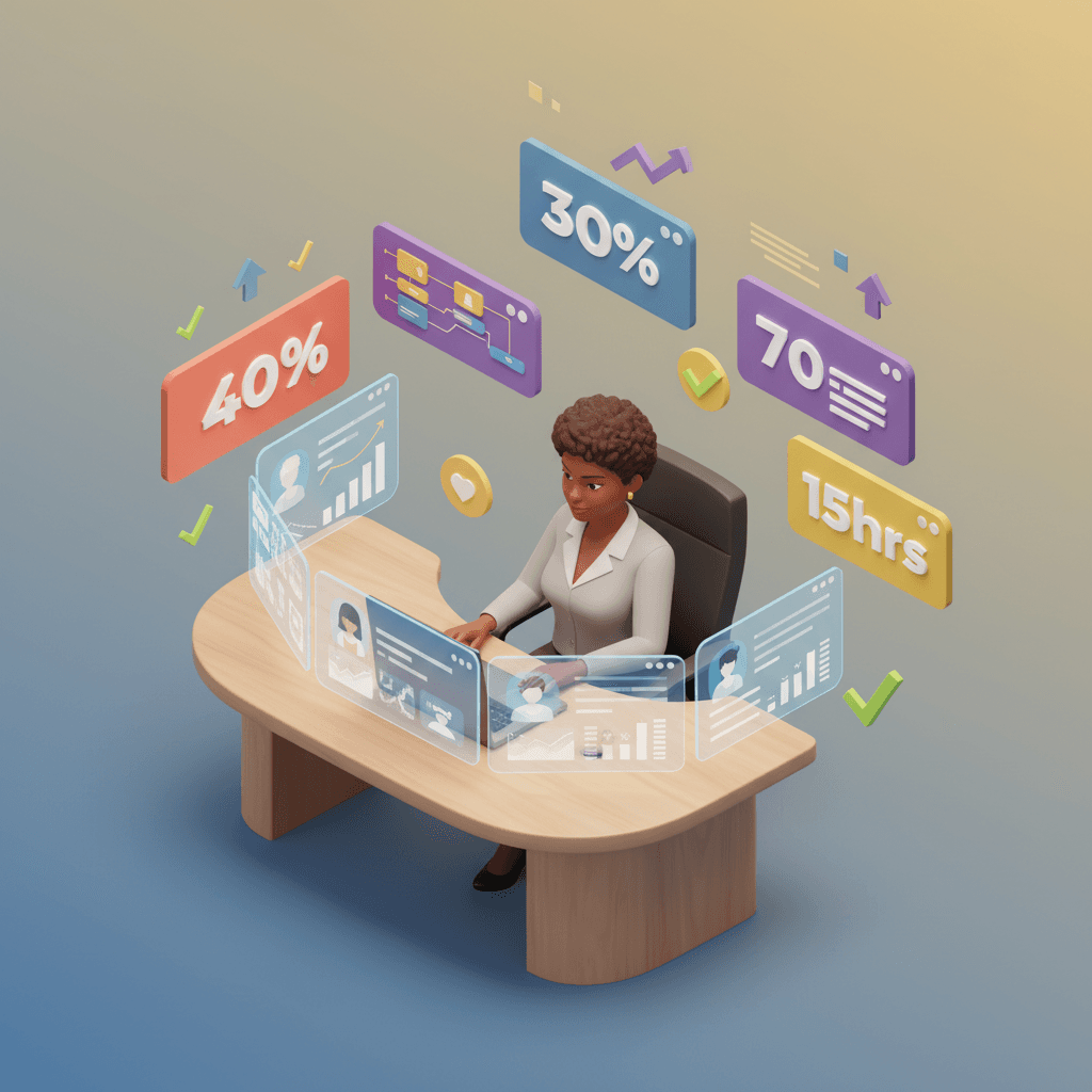 3D illustration of AI-powered business growth with floating metric cards showing 40%, 30%, 70% improvements