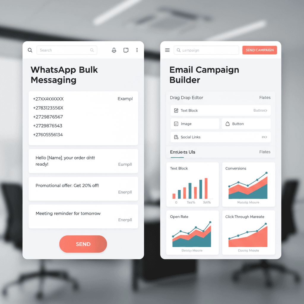 Marketing Engine dashboard showing WhatsApp and email campaign tools