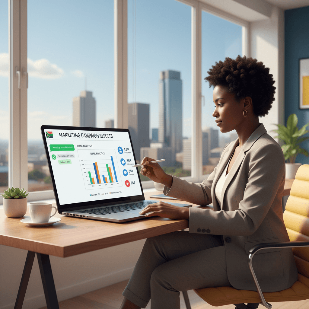 Marketing Engine dashboard showing WhatsApp, email, and social media campaigns