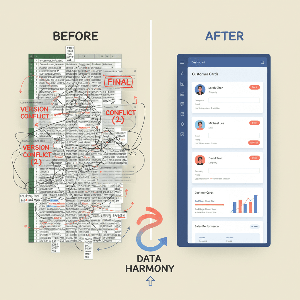 Excel spreadsheet transforming into organized CRM